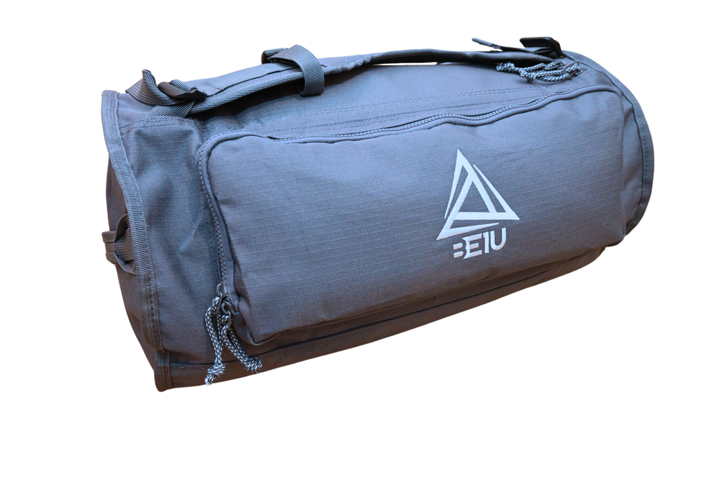 Grey BE1U duffle bag with white embroidered logo on large side pocket front