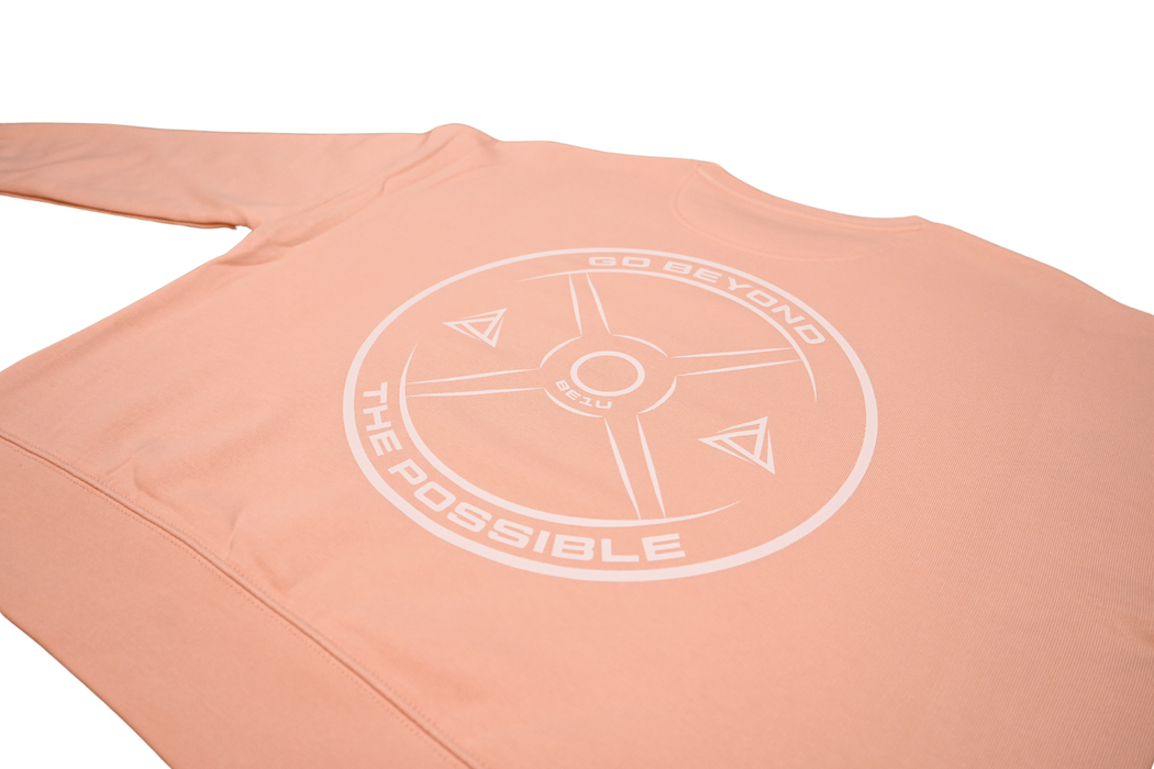 Peche sweatshirt rear angle view with large white BE1U logo