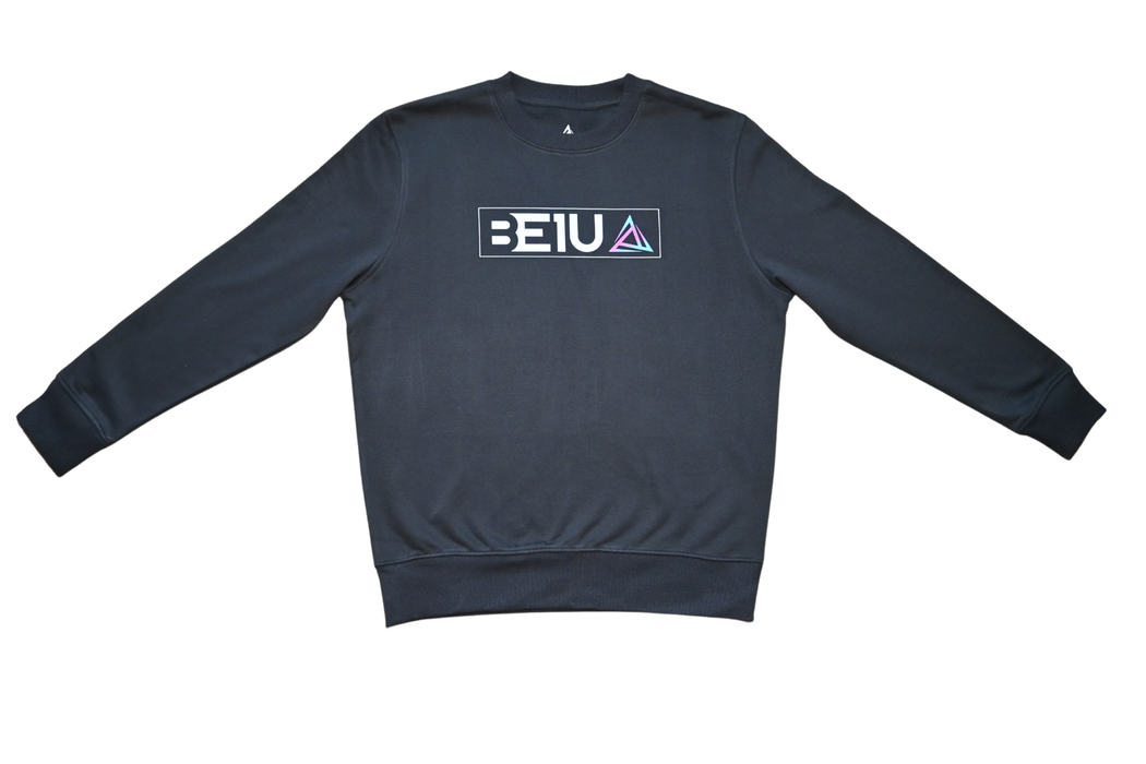 Black sweatshirt front view with white BE1U chest text and colour logo