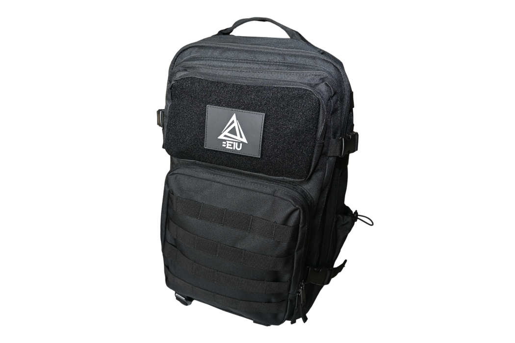 BE1U black backpack with velcro patch front view