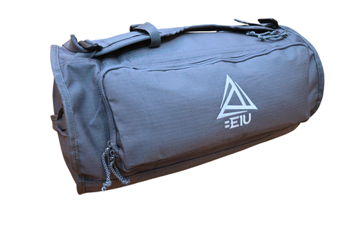 Grey BE1U duffle bag with white embroidered logo on large side pocket front