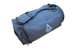 Grey BE1U duffle bag with white embroidered logo on large side pocket and shoulder straps