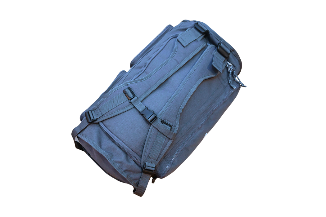 Grey BE1U duffle bag with shoulder straps top