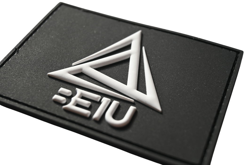 BE1U PVC 3D velcro patch in black and white at angle zoomed view