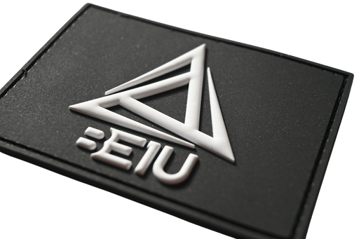 BE1U PVC 3D velcro patch in black and white at angle zoomed view