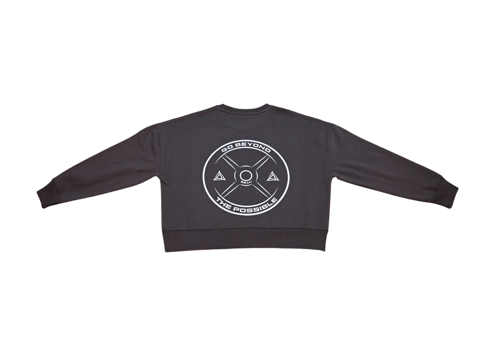 Anthracite sweatshirt rear view with large white BE1U logo