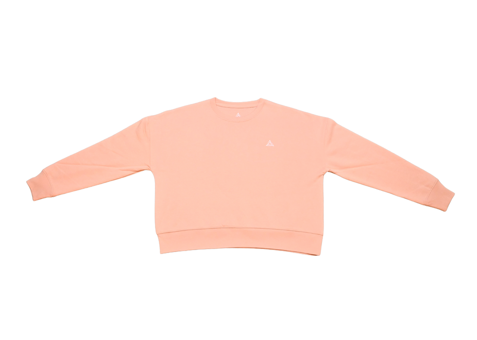 Peche sweatshirt front view with small white BE1U logo