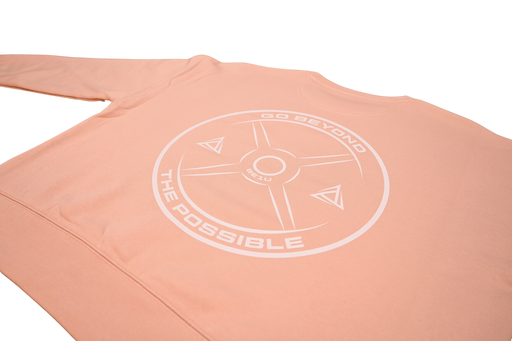 Peche sweatshirt rear angle view with large white BE1U logo