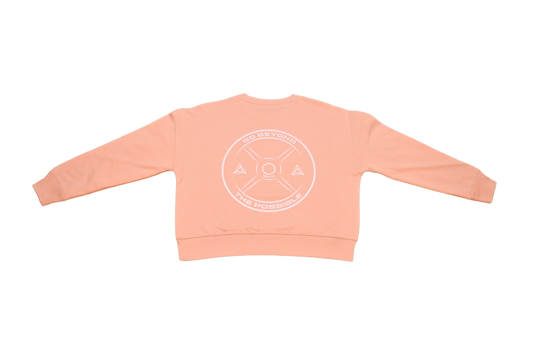 Peche sweatshirt rear view with large white BE1U logo