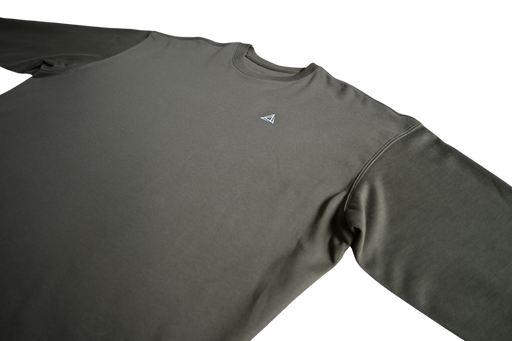 Khaki sweatshirt front view with small white BE1U logo