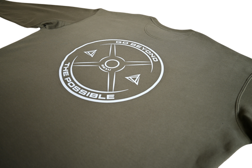 Khaki sweatshirt rear angle view with large white BE1U logo
