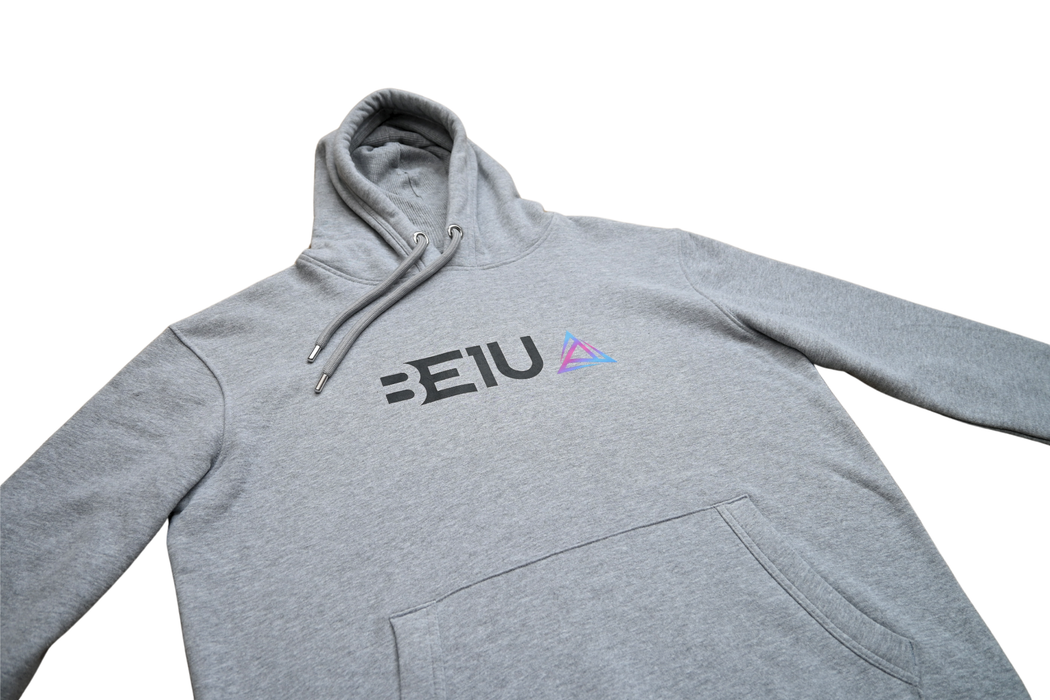 Grey hoodie front side view with black BE1U chest text and colour logo
