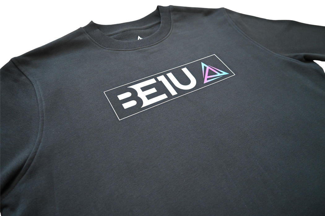 Black sweatshirt front side view with white BE1U chest text and colour logo