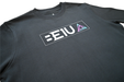 Black sweatshirt front side view with white BE1U chest text and colour logo