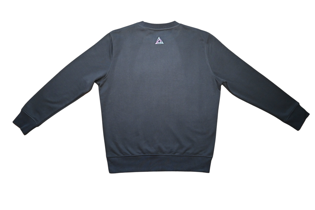 Black sweatshirt rear view with BE1U colour logo