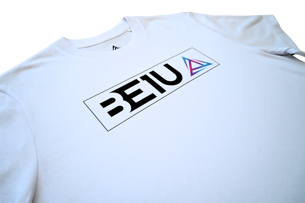 White T-shirt side view with BE1U chest text and logo