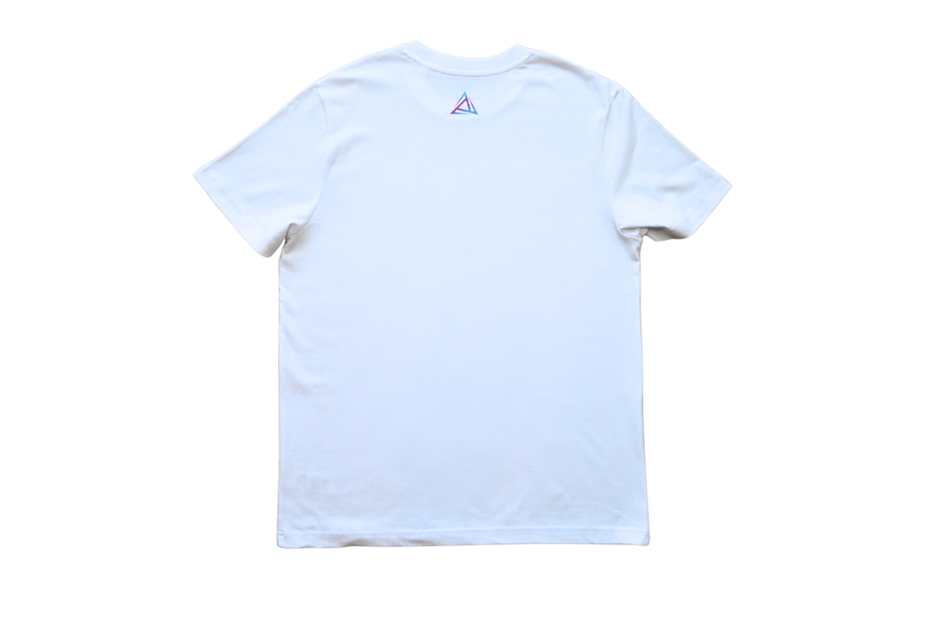 White T-shirt rear side view with BE1U logo
