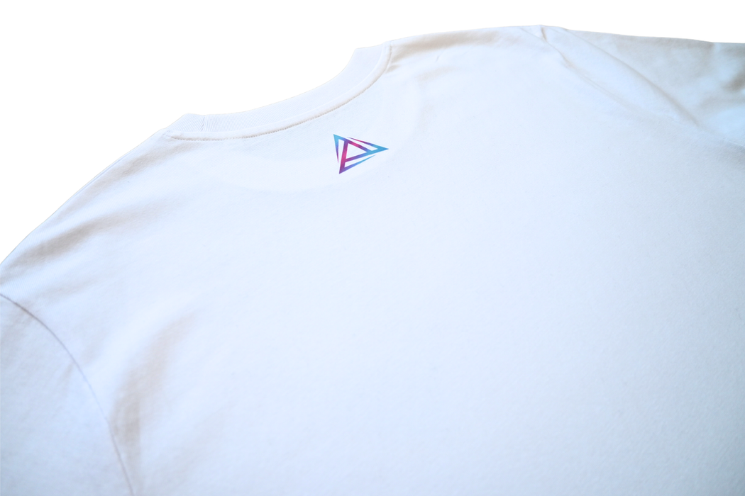White T-shirt rear view with BE1U logo