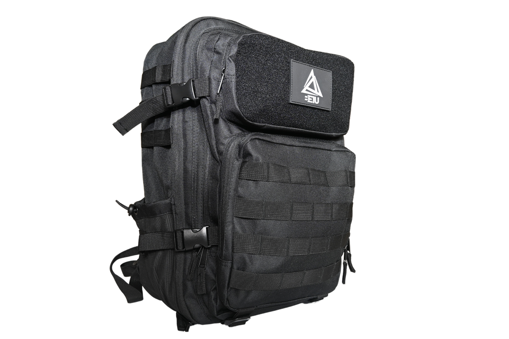 BE1U black backpack with velcro patch front angled view