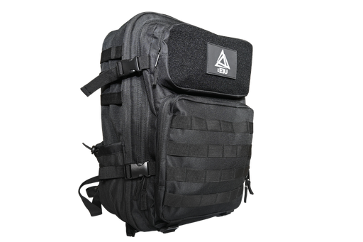 BE1U black backpack with velcro patch front angled view