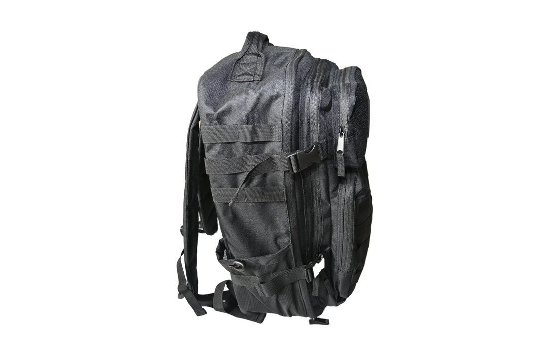 BE1U black backpack with velcro patch side view