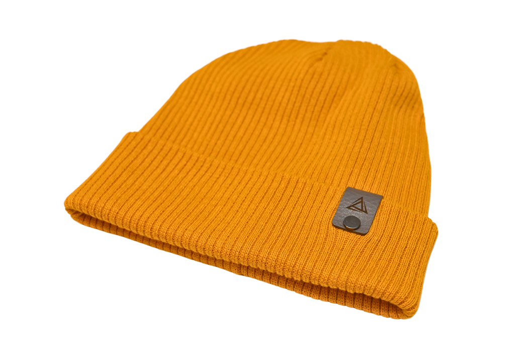 Side view mustard beanie with leather BE1U logo