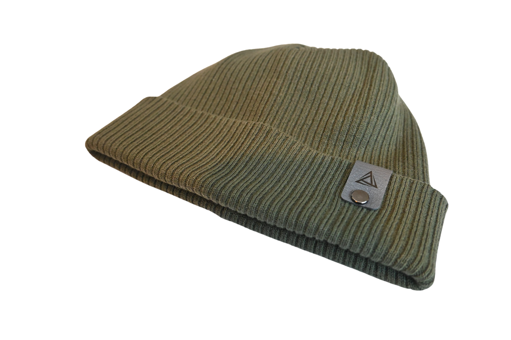 Side view olive beanie with leather BE1U logo