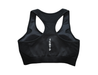 Rear view black sports bra with white Go Beyond The Possible logo