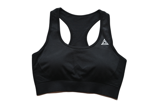 Front view black sports bra with white BE1U logo
