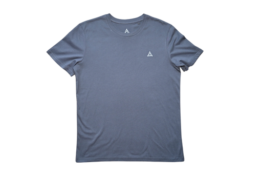 Grey tshirt front view with BE1U white logo on chest