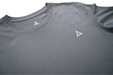 Grey tshirt front side view with BE1U white logo on chest