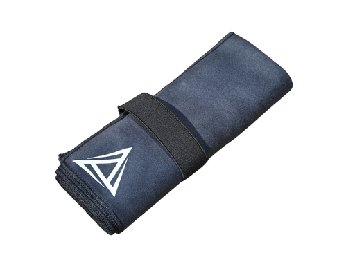 Black microfibre towel with BE1U logo folded