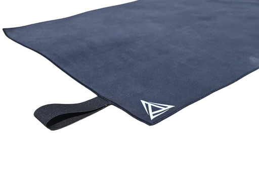 Black microfibre towel with BE1U logo corner view