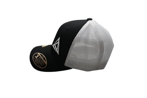 BE1U trucker cap with logo in black and white side view