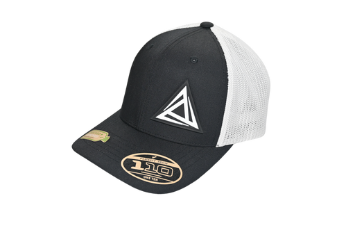 BE1U trucker cap with logo in black and white angled view